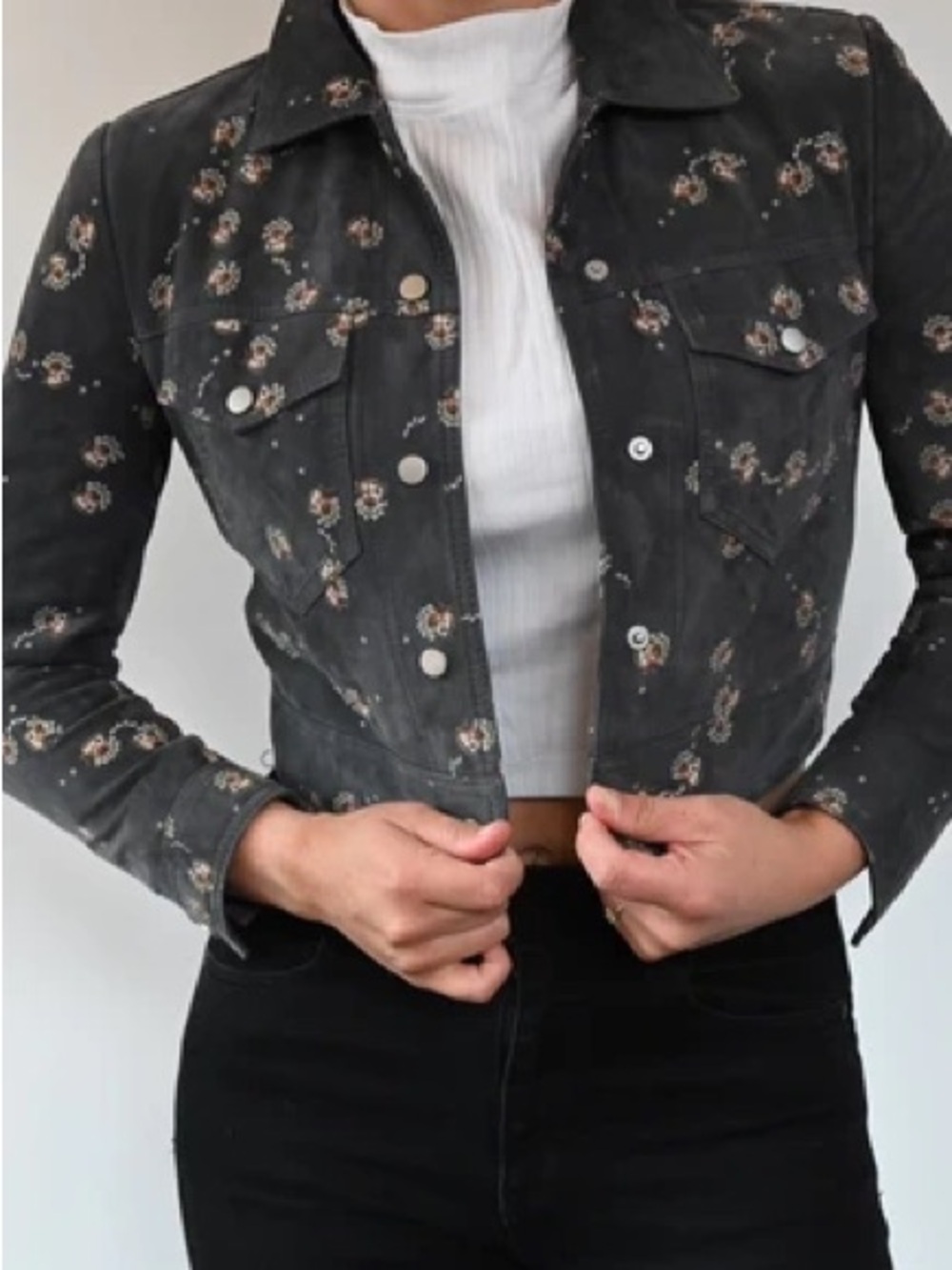 AllSaints Fraise Lamb Leather Gray‎ Floral Paisley Cropped Jacket Size 4